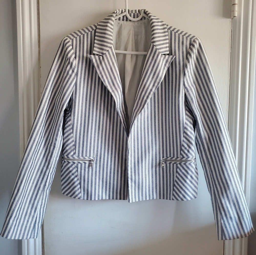Express Blue & White Striped Zipper Blazer Size M Academia Preppy Corpcore